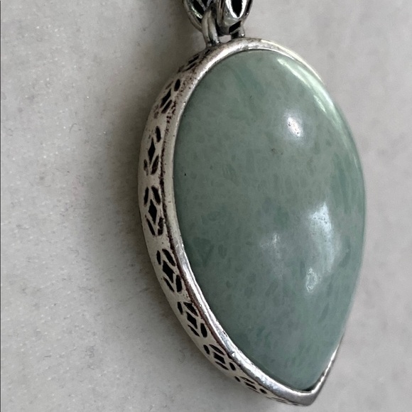 Fossil Turquoise Teardrop Stone Silver Necklace with Bird Charm Accent Vintage - Picture 7 of 16
